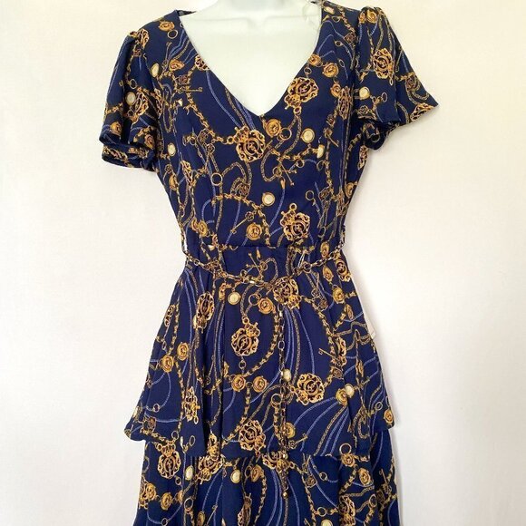 Navy Blue and Gold Chain Print Dress - Picture 1 of 12